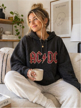 H&M AC/DC Graphic Hoodie Black Distressed Band Sweatshirt XL